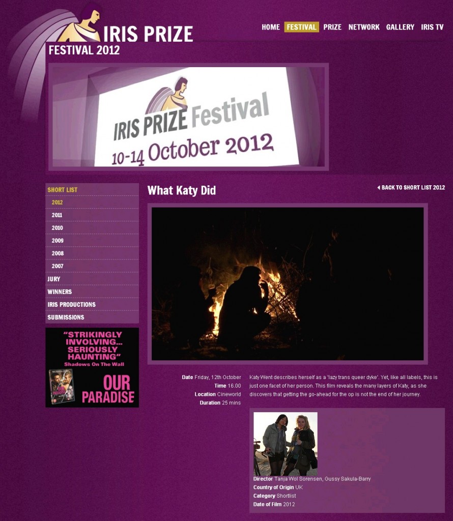 What Katy Did, Iris Prize Shortlist 2012, Katy Jon Went film, Gussy Sakula-Barry,Tanja Wol Sorensen