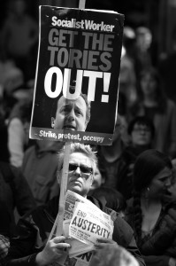 Julie Bremner protesting Get The Tories Out at Norwich NPA Rally