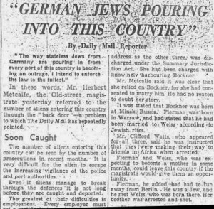 German Jews Pouring into this country, Daily Mail, 1938