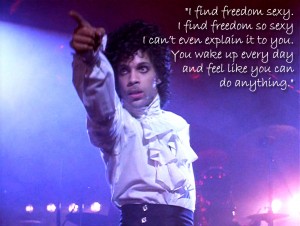 Prince in white frilled blouse shirt - freedom is sexy quote