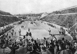 Spiridon Louis entering the Athens Olympic stadium at the end of the 1896 marathon