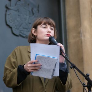 Rebecca Tamás organiser and speaker at Migrants Rally, 12 July 2016