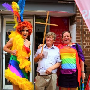 Rainbow drag queen Titti Trash & Katy Jon Went photo opp with Christian protester at King's Lynn & West Norfolk Pride