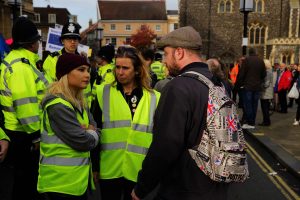 Cllr Jess Barnard and Abby Hoffmann debating the issues with Joe from the Unity UK demo