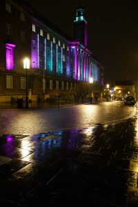 Norwich City Hall, Christmas lights during trans awareness week, pink and blue