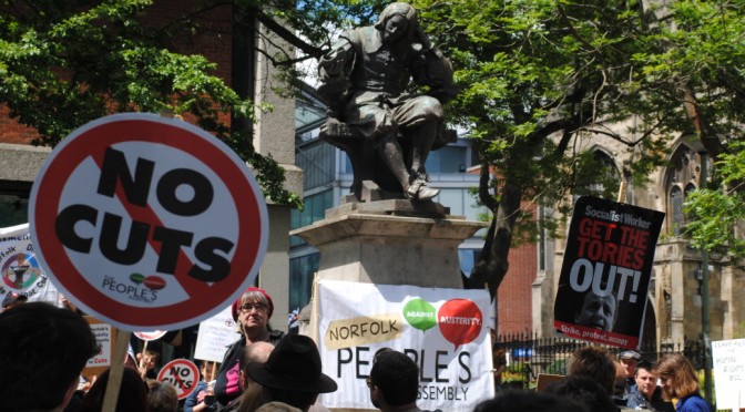 Norfolk Peoples Assembly Anti Austerity Rally, Norwich Haymarket under Sir Thomas Browne statue